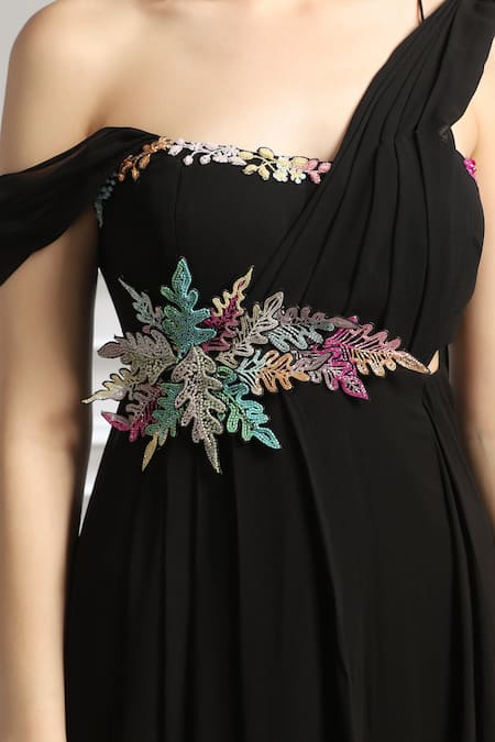 Baya_Black Georgette, Viscose Cut Work, Beads, Embroidered Pleated Draped Gown _at_Aza_Fashions