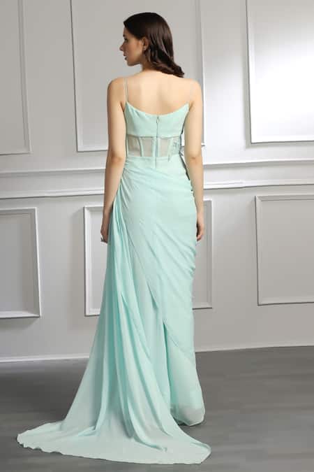 Shop_Baya_Blue Georgette, Viscose Embroidery, Sequins Asymmetric Draped Corset Gown _at_Aza_Fashions