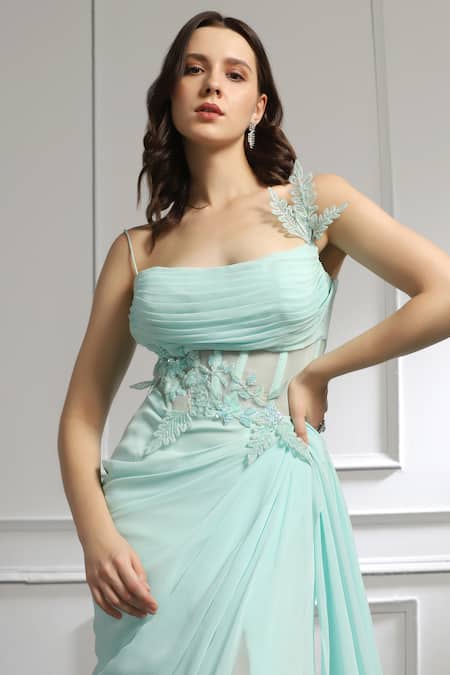 Baya_Blue Georgette, Viscose Embroidery, Sequins Asymmetric Draped Corset Gown _Online_at_Aza_Fashions