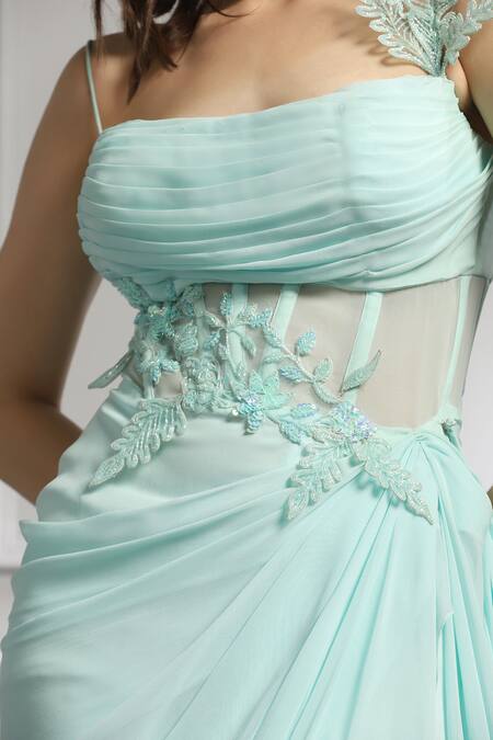 Buy_Baya_Blue Georgette, Viscose Embroidery, Sequins Asymmetric Draped Corset Gown _Online_at_Aza_Fashions