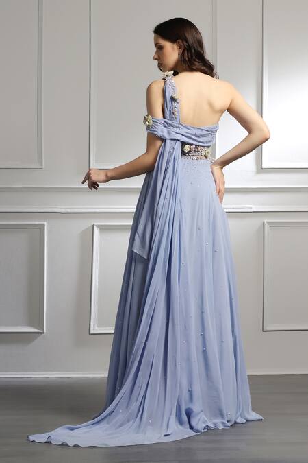 Baya Floral Embroidered Draped Blouse & Skirt Set 