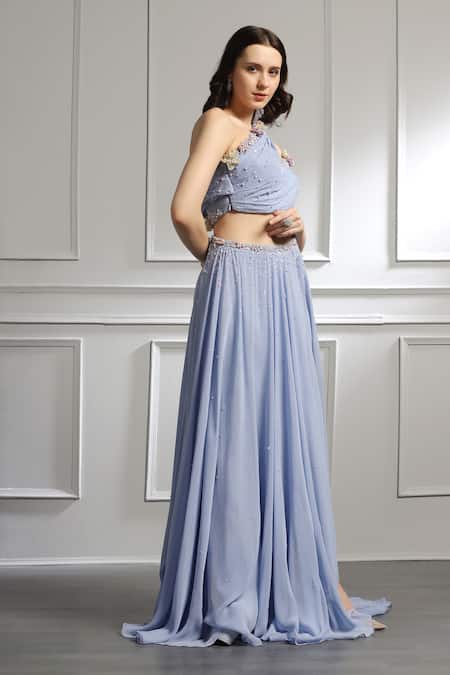 Buy_Baya_Blue Georgette, Viscose Pearls, Floral Embroidered Draped Blouse And Skirt Set _Online_at_Aza_Fashions