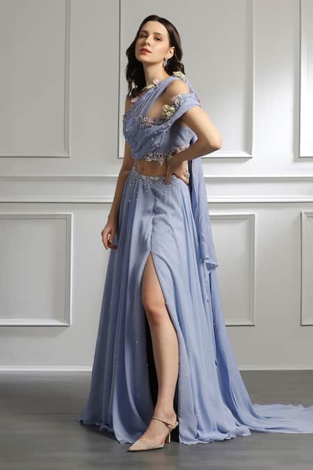 Baya_Blue Georgette, Viscose Pearls, Floral Embroidered Draped Blouse And Skirt Set _at_Aza_Fashions