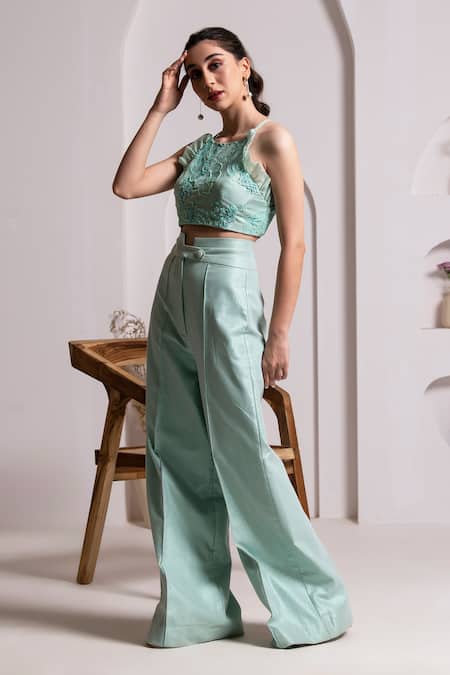Baya_Green Organza, Viscose, Crepe Beads, Sequins Embroidered Crop Top And Trouser Set _Online_at_Aza_Fashions