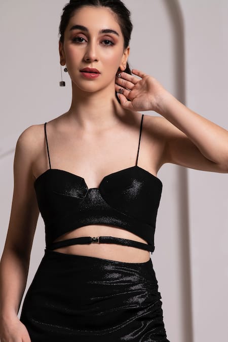Baya_Black Crepe, Viscose Beads, Cut Work, Applique Ruched Skirt And Corset Top Set _Online_at_Aza_Fashions