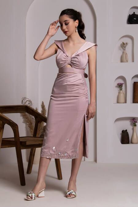 Baya_Pink Satin, Viscose, Silk Sequins, Beads Collared High Slit Skirt And Top Set _Online_at_Aza_Fashions