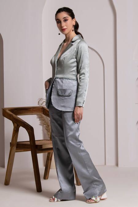 Buy Grey Satin And Hand Ombre Blazer Pant Set For Women by BAYA