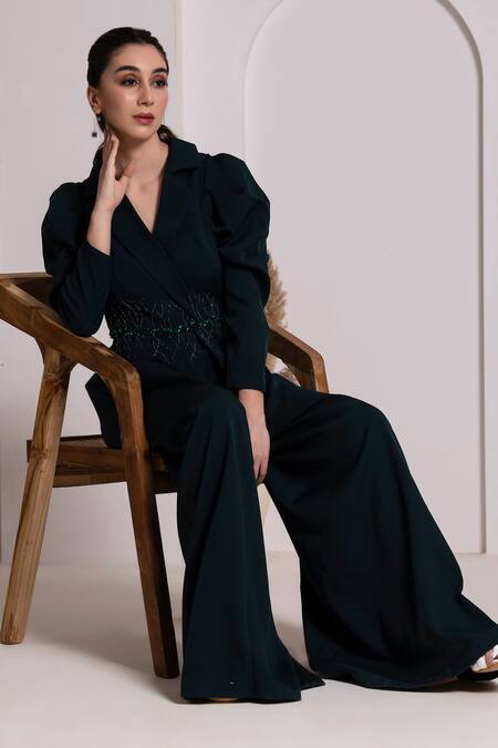 Baya_Green Crepe, Viscose Sequins Collared Placement Embroidered Jumpsuit _Online_at_Aza_Fashions
