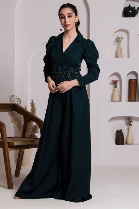Buy_Baya_Green Crepe, Viscose Sequins Collared Placement Embroidered Jumpsuit _Online_at_Aza_Fashions