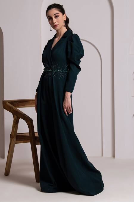 Baya_Green Crepe, Viscose Sequins Collared Placement Embroidered Jumpsuit _at_Aza_Fashions