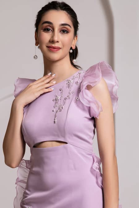 Shop_Baya_Purple Crepe, Viscose Sequins, Beads Round Placement Embroidered Ruffle Dress _Online_at_Aza_Fashions
