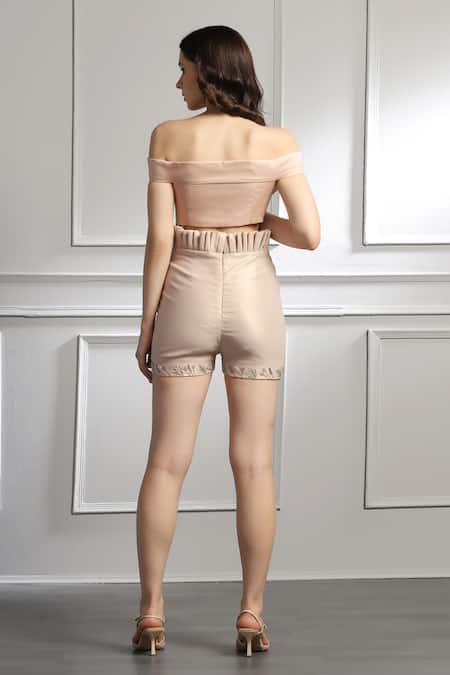 Shop_Baya_Beige Organza, Crepe Sequins, Beads Draped Top And Panelled Shorts Set _at_Aza_Fashions