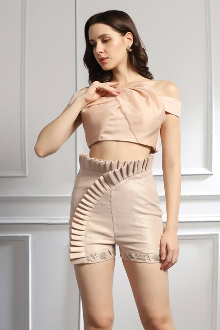 Baya_Beige Organza, Crepe Sequins, Beads Draped Top And Panelled Shorts Set _Online_at_Aza_Fashions