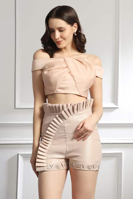 Shop_Baya_Beige Organza, Crepe Sequins, Beads Draped Top And Panelled Shorts Set _Online_at_Aza_Fashions