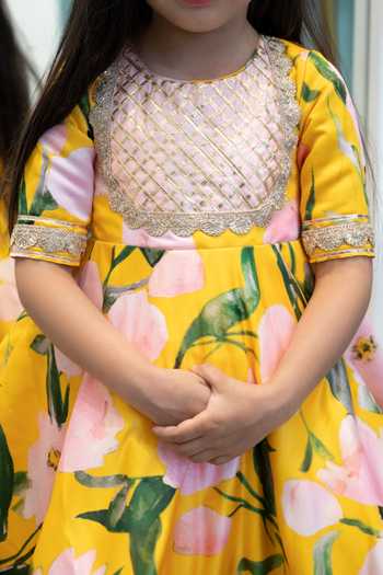 Janyas Closet_Yellow Satin, Linen Gota Patti Floral Print Flared Dress _Online_at_Aza_Fashions
