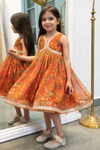 Janyas Closet_Orange Organza Gota Patti Floral Print Pleated Dress _Online_at_Aza_Fashions