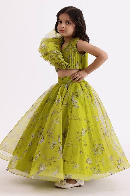 Janyas Closet_Green Satin, Organza Ruffles Garden Print Draped Top And Lehenga Set_Online_at_Aza_Fashions