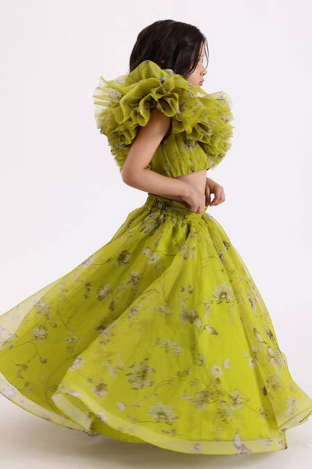Buy_Janyas Closet_Green Satin, Organza Ruffles Garden Print Draped Top And Lehenga Set_Online_at_Aza_Fashions
