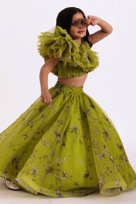 Shop_Janyas Closet_Green Satin, Organza Ruffles Garden Print Draped Top And Lehenga Set_Online_at_Aza_Fashions