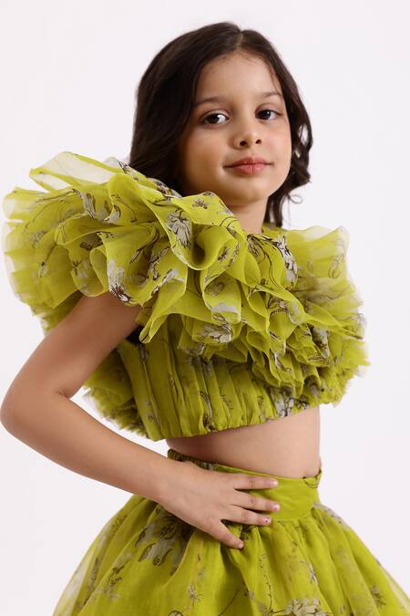 Janyas Closet_Green Satin, Organza Ruffles Garden Print Draped Top And Lehenga Set_at_Aza_Fashions