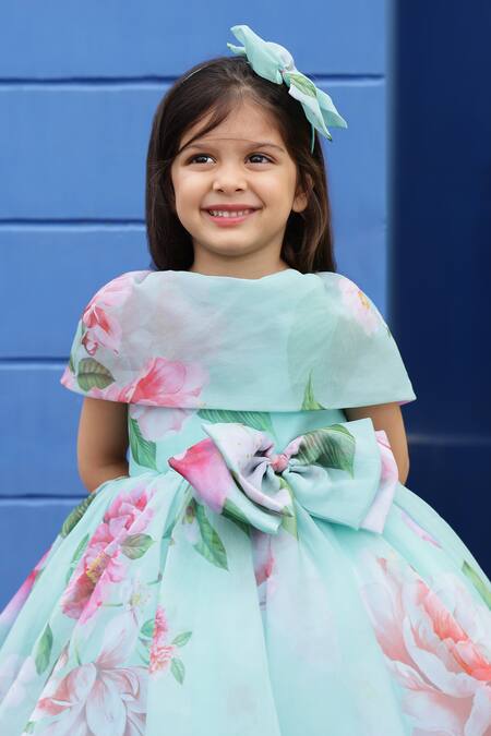 Janyas Closet_Green Silk, Net, Linen Bows Bloom Print Flared Dress_Online_at_Aza_Fashions