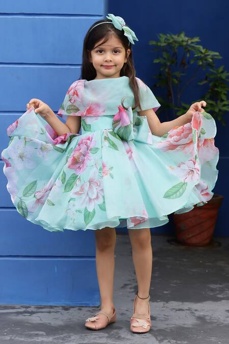 Shop_Janyas Closet_Green Silk, Net, Linen Bows Bloom Print Flared Dress_Online_at_Aza_Fashions