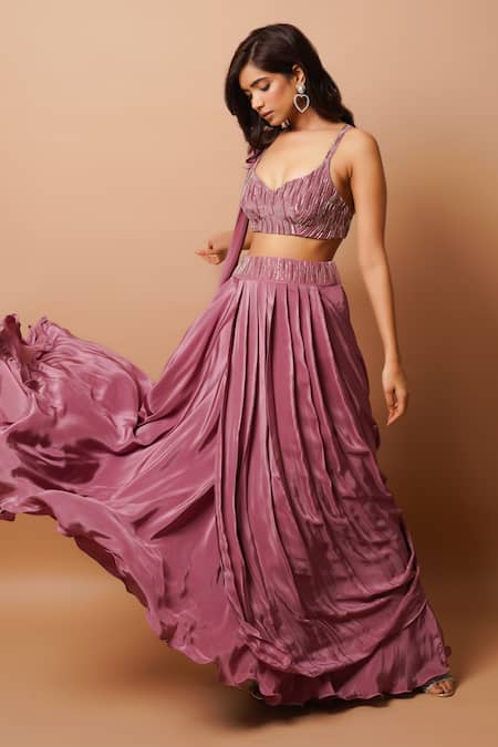 Ahi Clothing Pink Crepe Sequins, Cut Work Sweetheart Neck Embroidered Blouse With Lehenga Online at Aza Fashions Ahi Clothing_Pink Crepe Sequins, Cut Work Sweetheart Neck Embroidered Blouse With Lehenga _Online_at_Aza_Fashions