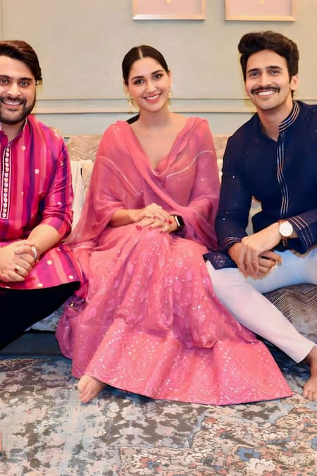 Ahi Clothing_Pink Chiffon, Cotton, Chanderi, Silk Floral Chikankari Work Anarkali Palazzo Set _Online_at_Aza_Fashions