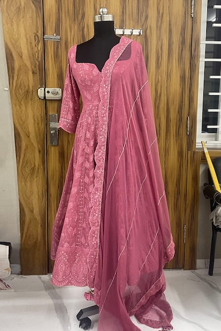 Buy_Ahi Clothing_Pink Chiffon, Cotton, Chanderi, Silk Floral Chikankari Work Anarkali Palazzo Set _Online_at_Aza_Fashions
