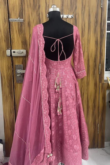 Shop_Ahi Clothing_Pink Chiffon, Cotton, Chanderi, Silk Floral Chikankari Work Anarkali Palazzo Set _Online_at_Aza_Fashions