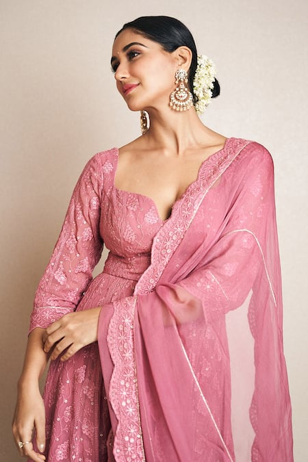 Ahi Clothing_Pink Chiffon, Cotton, Chanderi, Silk Floral Chikankari Work Anarkali Palazzo Set _at_Aza_Fashions