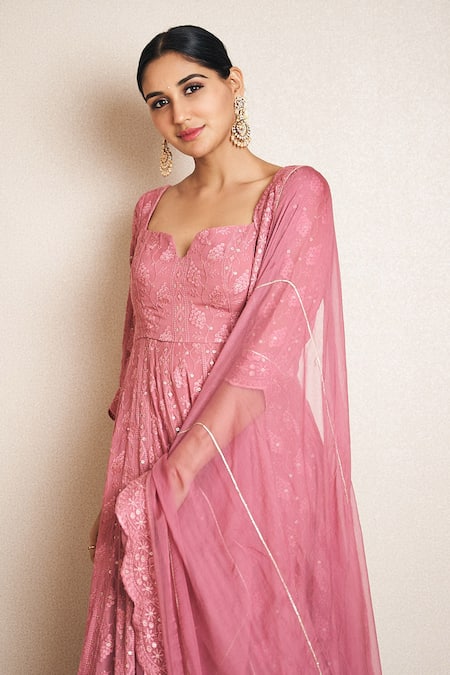 Buy_Ahi Clothing_Pink Chiffon, Cotton, Chanderi, Silk Floral Chikankari Work Anarkali Palazzo Set 