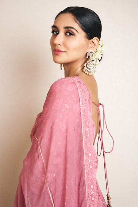 Shop_Ahi Clothing_Pink Chiffon, Cotton, Chanderi, Silk Floral Chikankari Work Anarkali Palazzo Set 