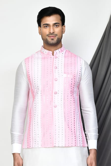 Arihant Rai Sinha_Pink Silk, Georgette Mirrors Striped Tikki Embroidered Nehru Jacket Set _Online_at_Aza_Fashions