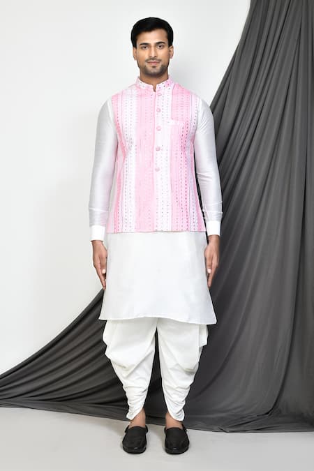 Buy_Arihant Rai Sinha_Pink Silk, Georgette Mirrors Striped Tikki Embroidered Nehru Jacket Set _Online_at_Aza_Fashions
