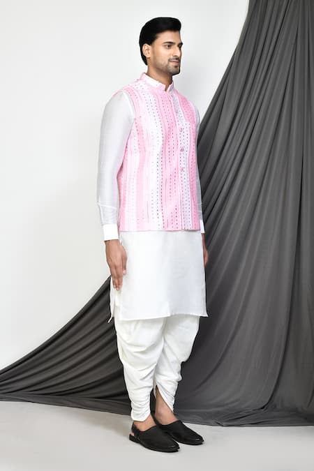 Shop_Arihant Rai Sinha_Pink Silk, Georgette Mirrors Striped Tikki Embroidered Nehru Jacket Set _Online_at_Aza_Fashions