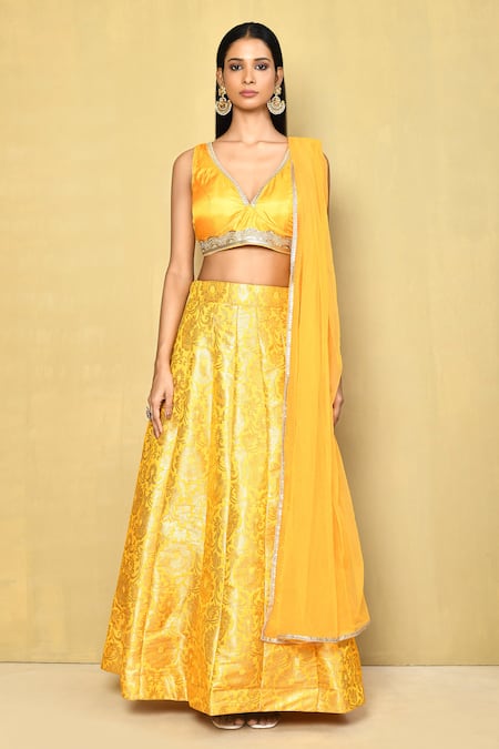 Buy_Naintara Bajaj_Yellow Brocade, Chiffon Sequins, Lace V-neck Embroidered Blouse Lehenga Set _Online_at_Aza_Fashions