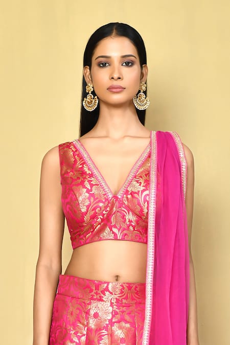 Shop_Naintara Bajaj_Magenta Brocade, Chiffon Sequins, Embroidery, Lace V-neck And Blouse Lehenga Set _Online_at_Aza_Fashions