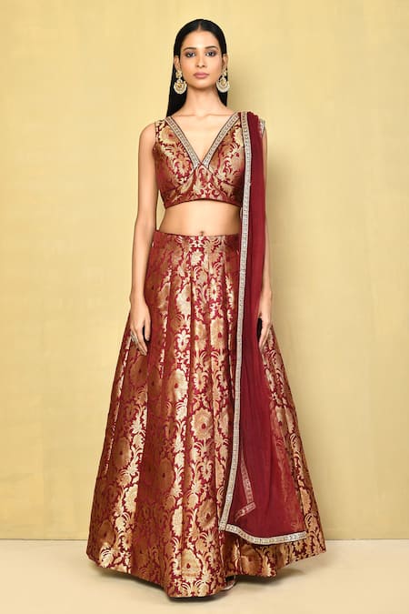 Buy_Naintara Bajaj_Wine Brocade, Chiffon Sequins, Lace, Floral Pattern Blouse Lehenga Set _Online_at_Aza_Fashions