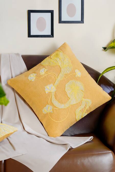 Mid July Home_Yellow 100% Cotton Abstract Hand Embroidered Cushion Cover_Online_at_Aza_Fashions