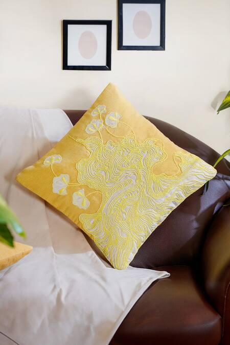 Mid July Home_Yellow 100% Cotton Abstract Embroidered Cushion Cover_Online_at_Aza_Fashions