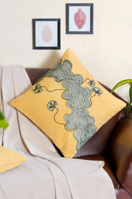Mid July Home_Yellow 100% Cotton Abstract Hand Embroidered Cushion Cover_Online_at_Aza_Fashions