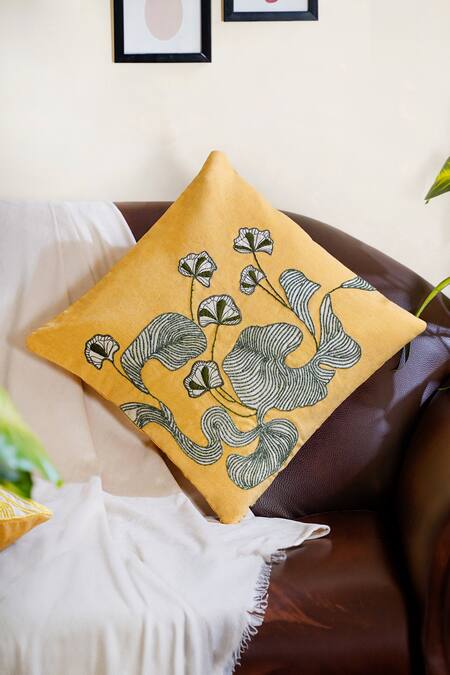 Mid July Home Yellow 100% Cotton Abstract Work Cushion Cover Online at Aza Fashions Mid July Home_Yellow 100% Cotton Abstract Work Cushion Cover_Online_at_Aza_Fashions