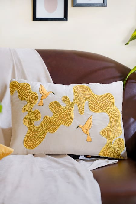 Mid July Home Abstract & Bird Hand Embroidered Cushion Cover 