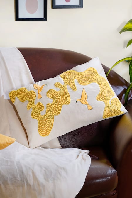 Mid July Home_Off White Premium Velvet Abstract, Bird And Hand Embroidered Cushion Cover_Online_at_Aza_Fashions