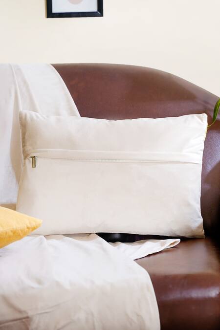 Buy_Mid July Home_Off White Premium Velvet Abstract, Bird And Hand Embroidered Cushion Cover_Online_at_Aza_Fashions