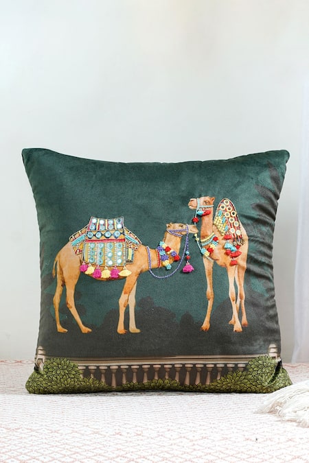 Mid July Home Green Premium Velvet Hand Embroidery Twin Camel Cushion Cover
