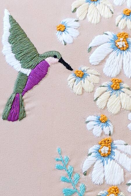 Shop Mid July Home Peach Premium Velvet Bird, Floral Spring Blooms Hand Embroidered Cushion Cover at Aza Fashions Shop_Mid July Home_Peach Premium Velvet Bird, Floral Spring Blooms Hand Embroidered Cushion Cover_at_Aza_Fashions