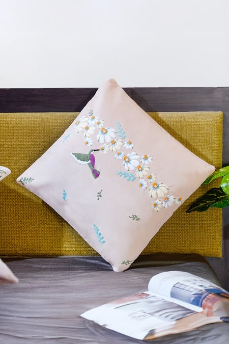 Mid July Home Peach Premium Velvet Bird, Floral Spring Blooms Hand Embroidered Cushion Cover Online at Aza Fashions Mid July Home_Peach Premium Velvet Bird, Floral Spring Blooms Hand Embroidered Cushion Cover_Online_at_Aza_Fashions