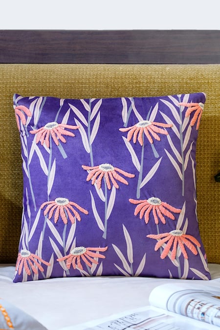 Mid July Home Purple Premium Velvet Floral Moonlit Garden Hand Embroidered Cushion Cover 